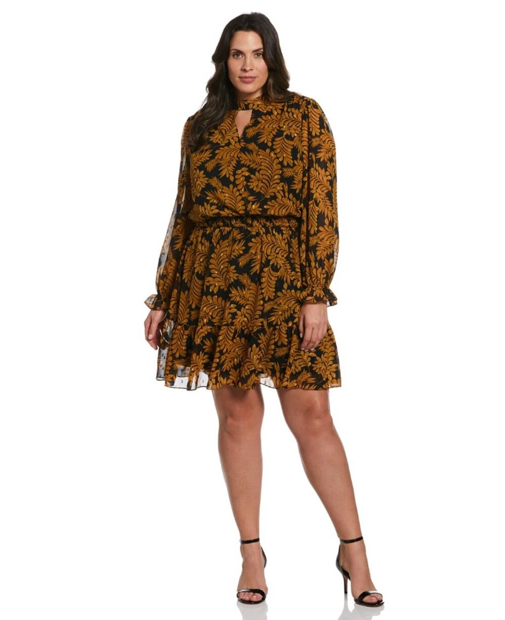 ELLA Rafaella Women Black Metallic Leaves Print Long Sleeve Dress Plus Size 2X
